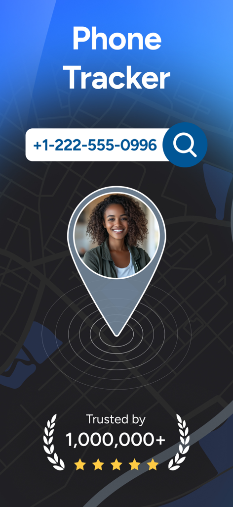 Phone Tracker for Number - Interface of the Phone Tracker app showing a search bar for a phone number and a location pin with a profile picture on a map background