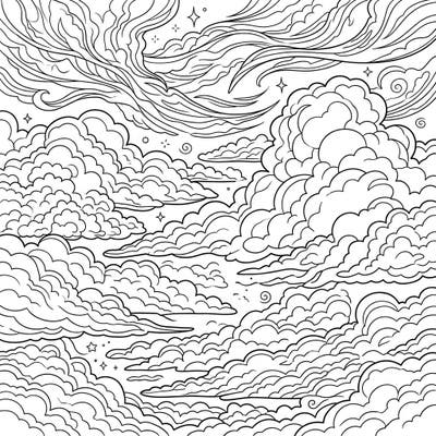 Embark on a serene artistic journey with this captivating coloring page featuring intricate cloud formations. Discover the beauty of wispy cirrus and fluffy cumulus patterns, perfect for mindful coloring.