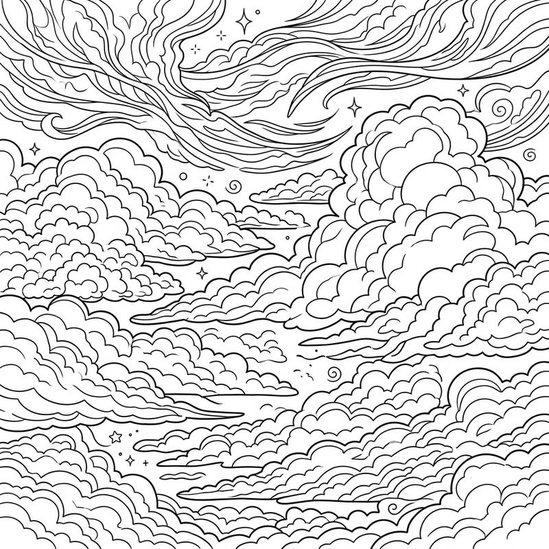 Embark on a serene artistic journey with this captivating coloring page featuring intricate cloud formations. Discover the beauty of wispy cirrus and fluffy cumulus patterns, perfect for mindful coloring.