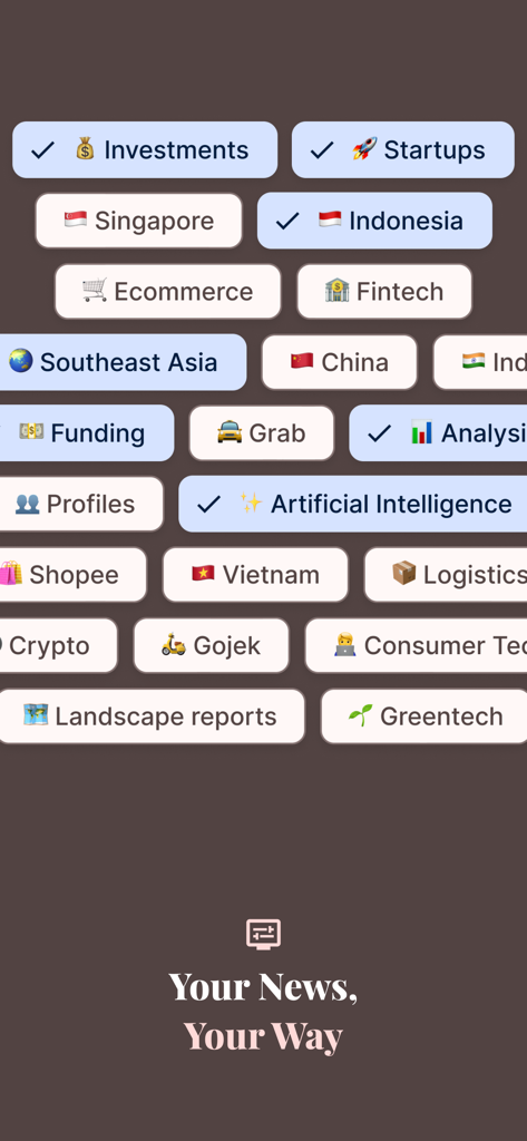 Tech in Asia: News & Analysis - Interface showing various tech news tags for personalizing a news feed