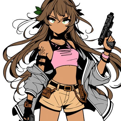 bad girl wearing crop top holding a gun long hair anime
