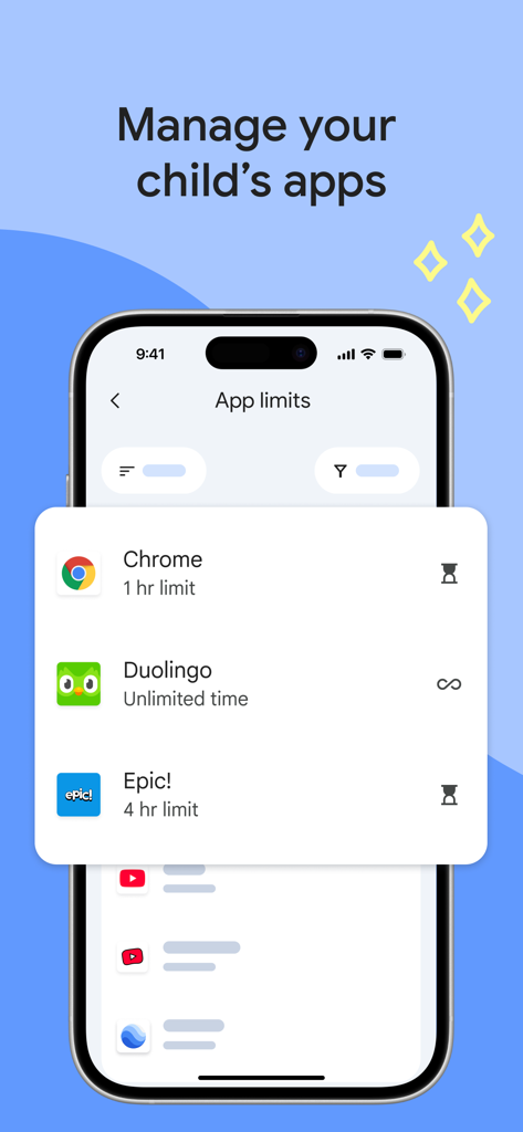 Google Family Link interface showing parental controls for child app time limits