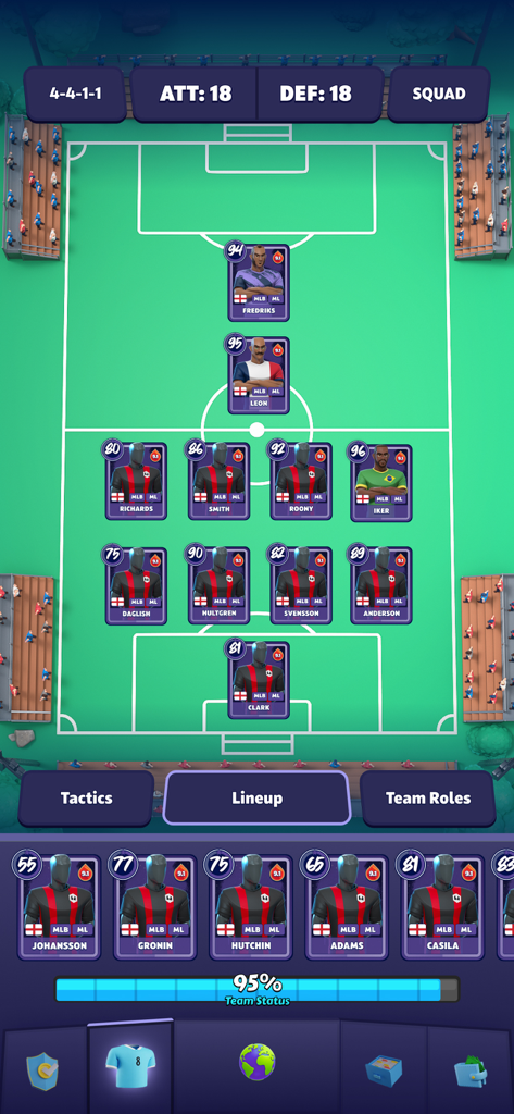 WFM 2025 soccer manager game interface showing a team lineup with a 4-4-1-1 formation and player ratings