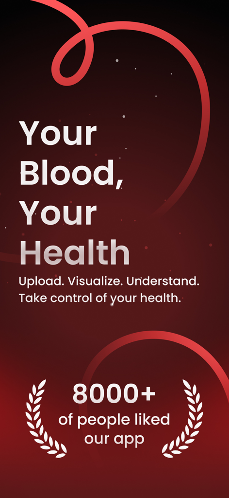 AI Blood Test Analyzer - Introductory screen for Blody AI Blood Test Analyzer featuring the slogan Your Blood Your Health and a mention of 8000 plus users.