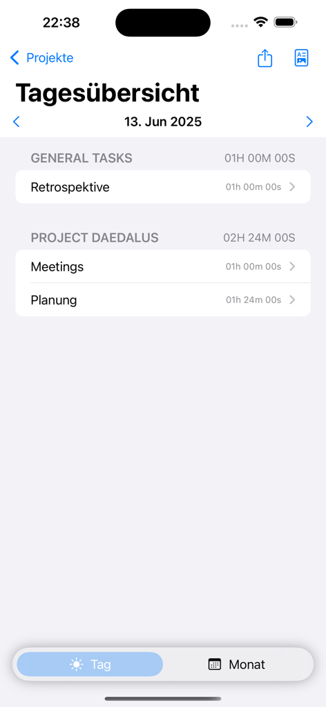 iPhone-Screenshot der Project Tracker App, der eine tägliche Übersicht der erfassten Zeit für allgemeine Aufgaben und Projekte zeigt.