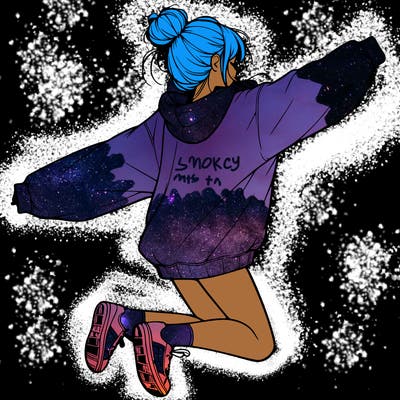 realistic girl jumping with a bun and oversized sweatshirt