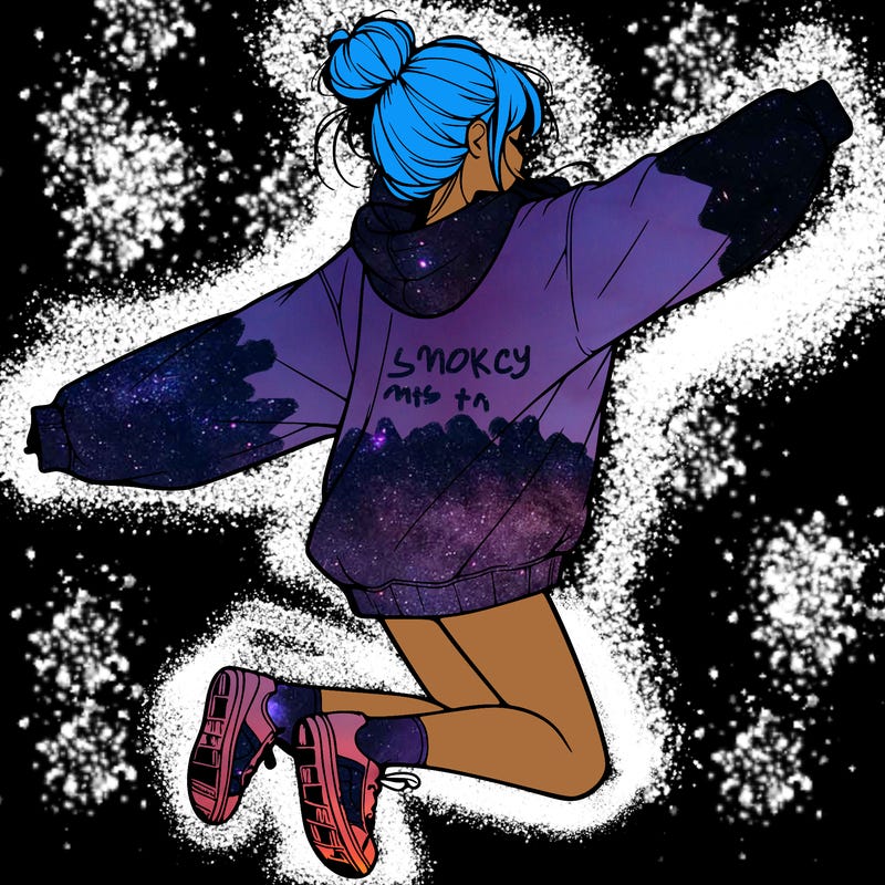 realistic girl jumping with a bun and oversized sweatshirt