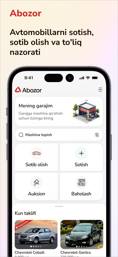 Abozor - Abozorモバイルアプリのダッシュボード。ウズベキスタンの市場向けに、車の売買および査定サービスを表示しています。