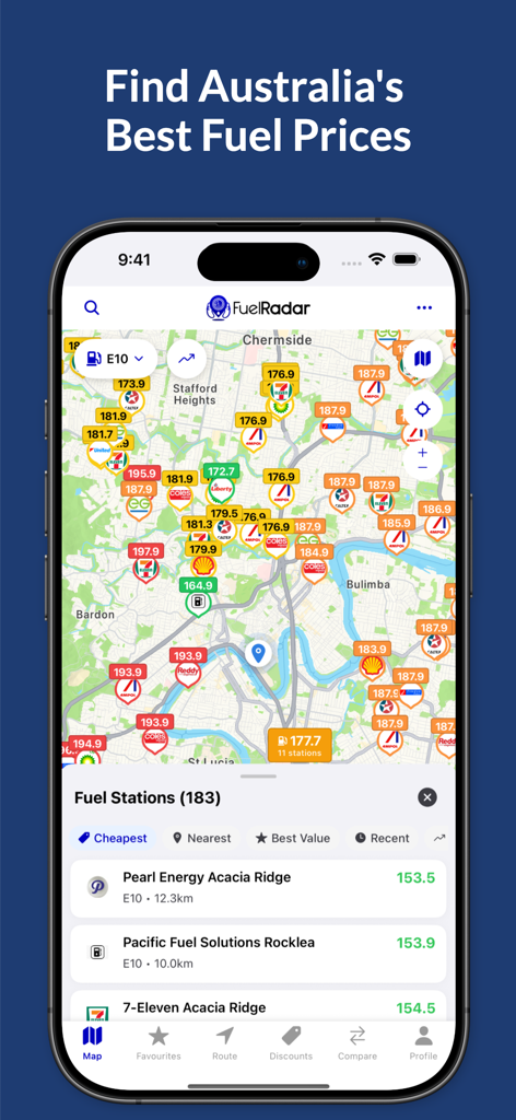 FuelRadar: Petrol Prices Map - FuelRadar mobile app screen displaying a map of Australia with live petrol prices and cheap fuel station listings