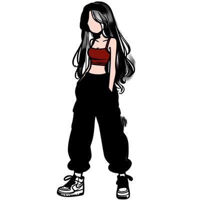 girl in baggy pants crop top and long hair