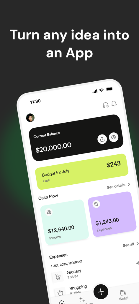 Un display di smartphone che mostra l'interfaccia di un'app finanziaria sotto il titolo Trasforma qualsiasi idea in un'App