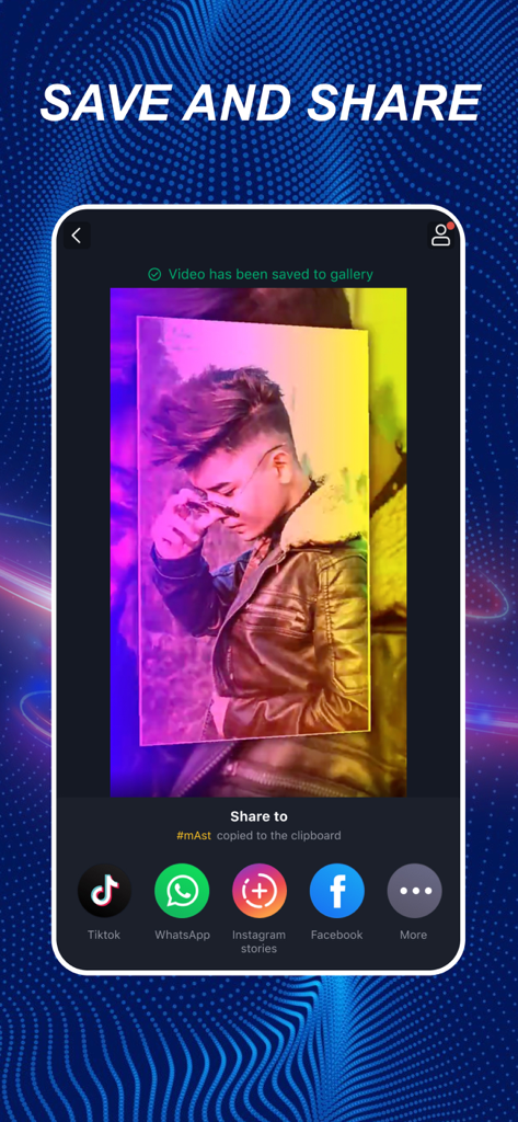 mAst - Short Video Maker App - mAst video maker interface showing options to save and share short videos on social media platforms