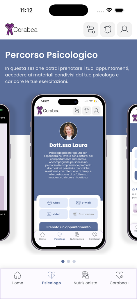 Corabea - Psychologist profile page in the Corabea app featuring contact and appointment booking options.