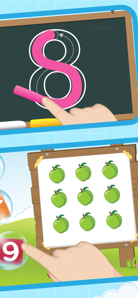 A child tracing the number eight on a chalkboard and counting green apples in a Spanish educational app.