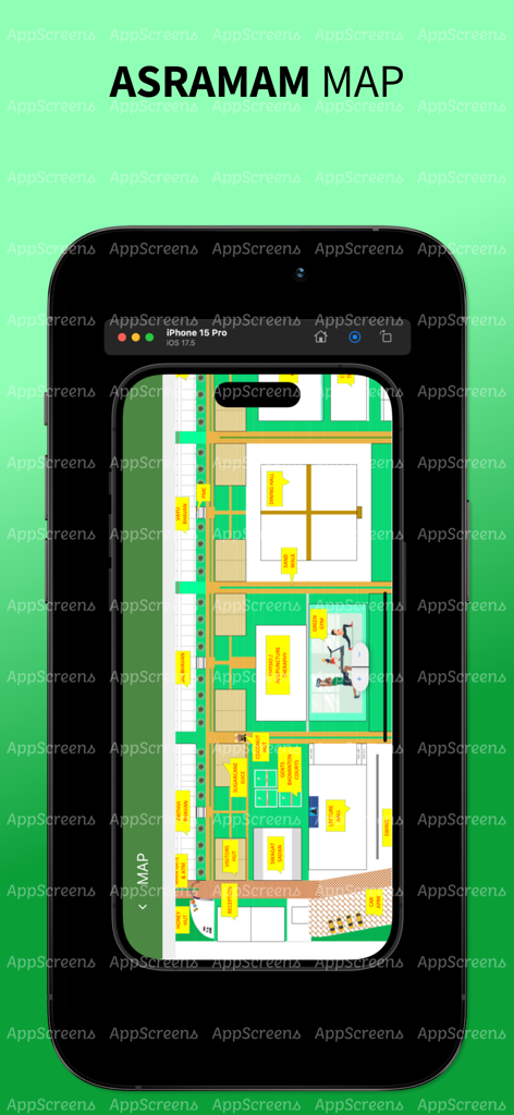 Naturo Care 아쉬람 시설의 개략적인 평면도 지도를 스마트폰 화면에 표시