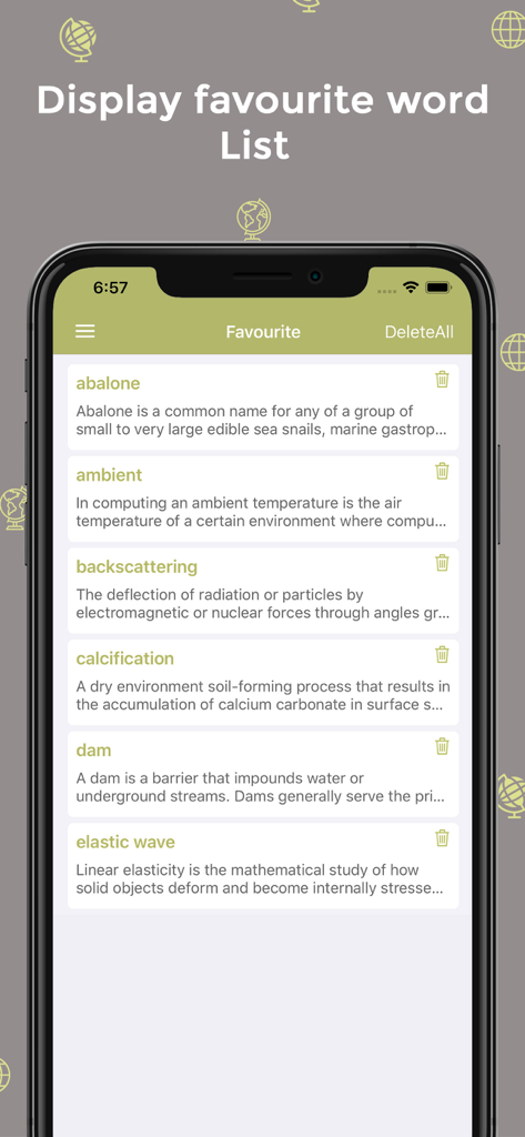 Geography Dictionary - Offline - Una captura de pantalla de la aplicación Diccionario de Geografía que muestra una lista de términos favoritos guardados y sus definiciones