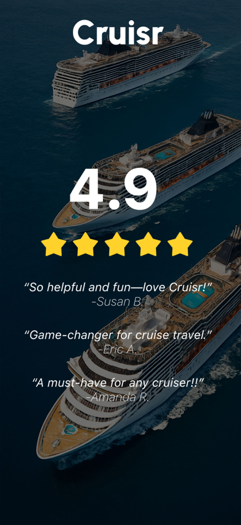 Cruisr - Cruise Ship Tracking - Pantalla promocional de la aplicación Cruisr mostrando una calificación de 4.9 estrellas y testimonios positivos de usuarios sobre imágenes de cruceros