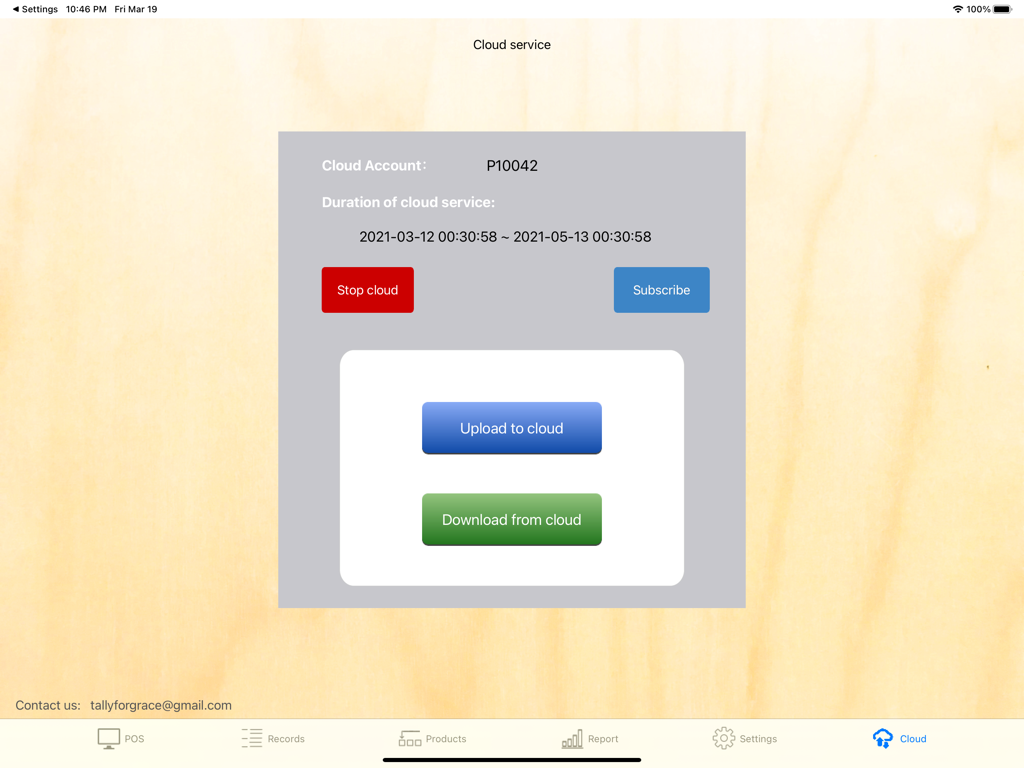POS S Pro cloud service screen showing data upload and download options on an iPad