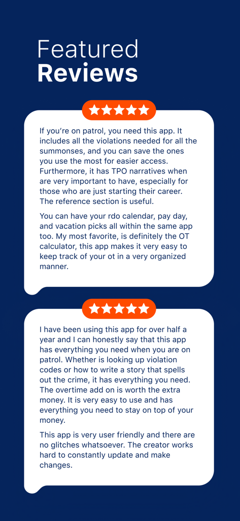 Featured five star user reviews for the Summons Partner plus app highlighting its utility for police officers on patrol