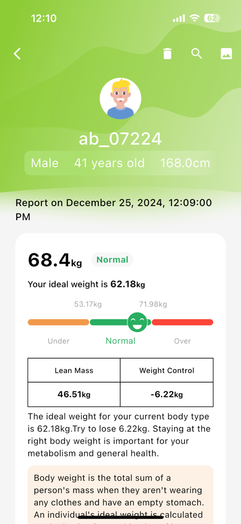 BodyPedia App-Bildschirm mit Gewichts- und fettfreier Massebericht für einen Benutzer.