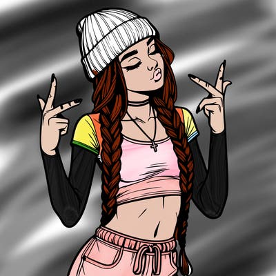 realistic teenage girl with braids and a beanie and crop top doing 🫶🏼