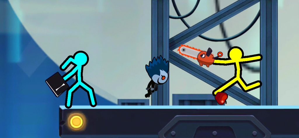 Stickman Clash Mobile - A yellow stickman character wielding a chainsaw attacking other colorful stickmen on a platform