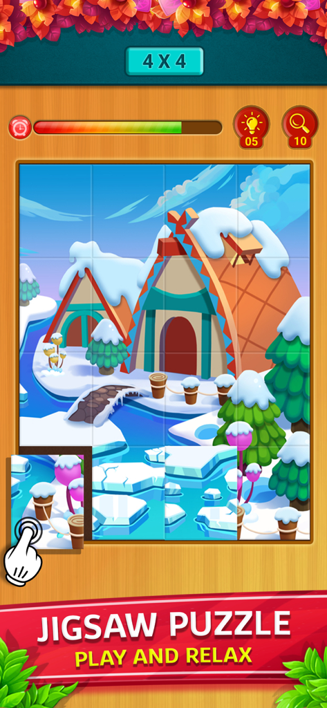 Classic Number Game -Numpuzzle - Una pantalla de juego de puzzle de rompecabezas de 4x4 con una escena invernal colorida y una interfaz con textura de madera.