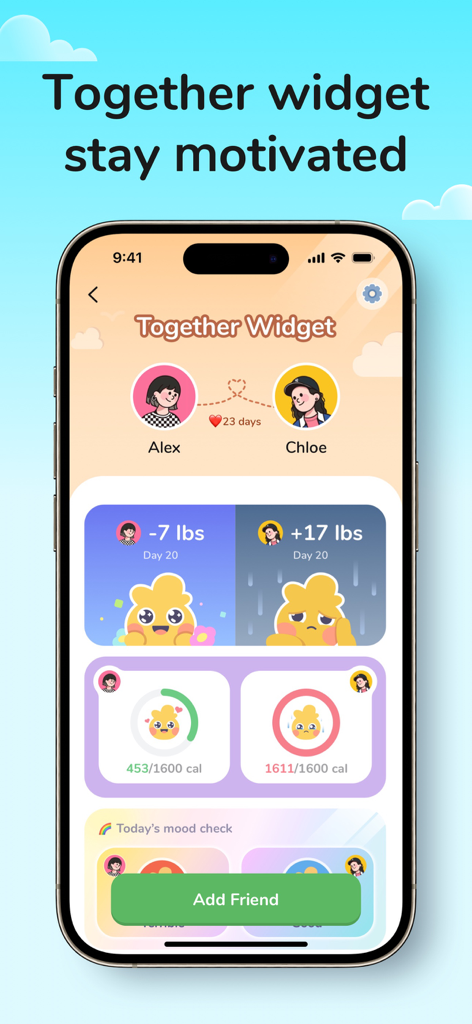 Aplicación de pérdida de peso Tada que muestra un widget social para que los amigos rastreen juntos el progreso de la pérdida de peso y las calorías.