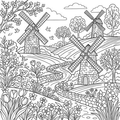 Discover the charm of a picturesque spring day with this delightful coloring page featuring two grand stone windmills. Immerse yourself in a landscape bursting with blooming flowers and the promise of renewal.
