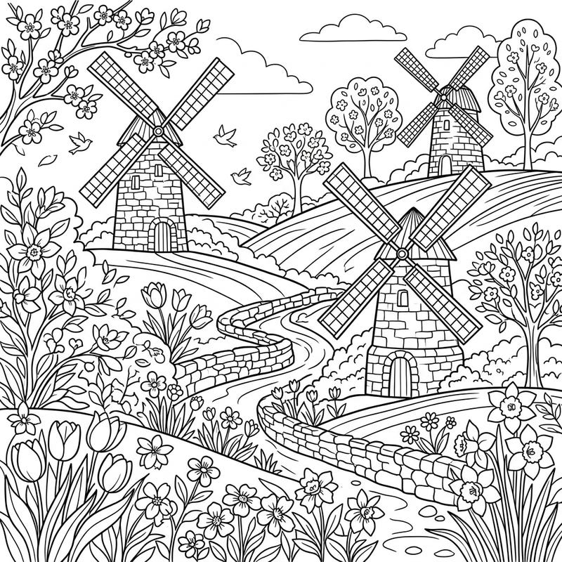 Discover the charm of a picturesque spring day with this delightful coloring page featuring two grand stone windmills. Immerse yourself in a landscape bursting with blooming flowers and the promise of renewal.