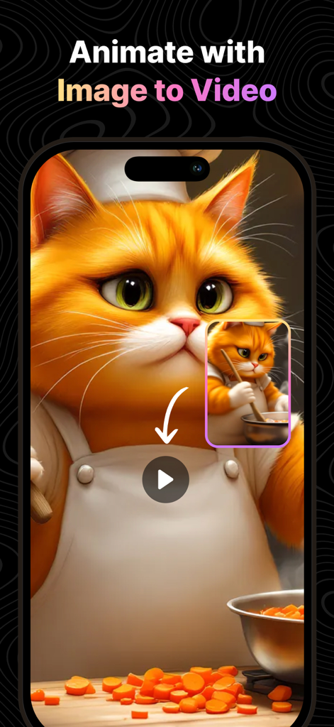 VidLoop: AI Video Generator - VidLoop App-Oberfläche, die die Funktion 'Mit Bild animieren' mit einem niedlichen KI-Katzenkoch-Charakter zeigt