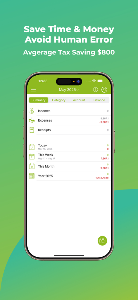 Foreceipt mobile app interface showing business expense and tax summary dashboard