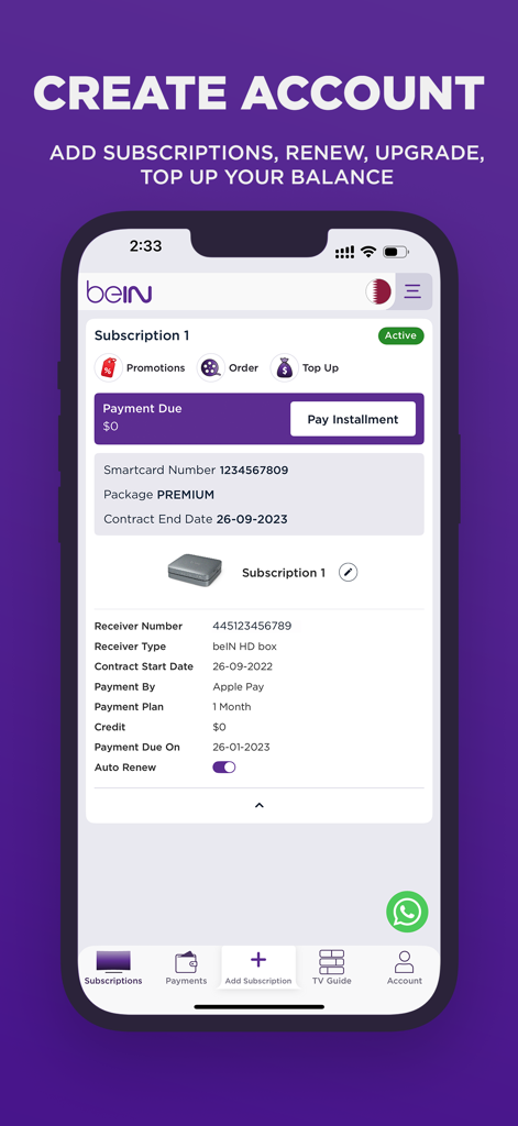 Pantalla de la aplicación móvil beIN que muestra los detalles de la suscripción activa y las funciones de gestión