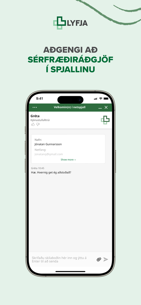 Lyfja hf. - Interfaz de chat de la aplicación de farmacia Lyfja para asesoramiento experto en salud