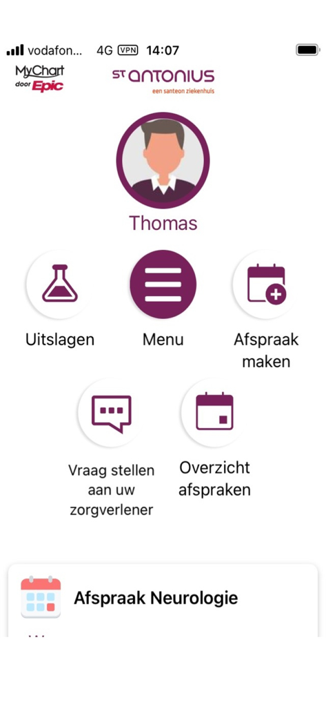 Mijn Antonius - Home screen of the Mijn Antonius medical app featuring patient navigation icons