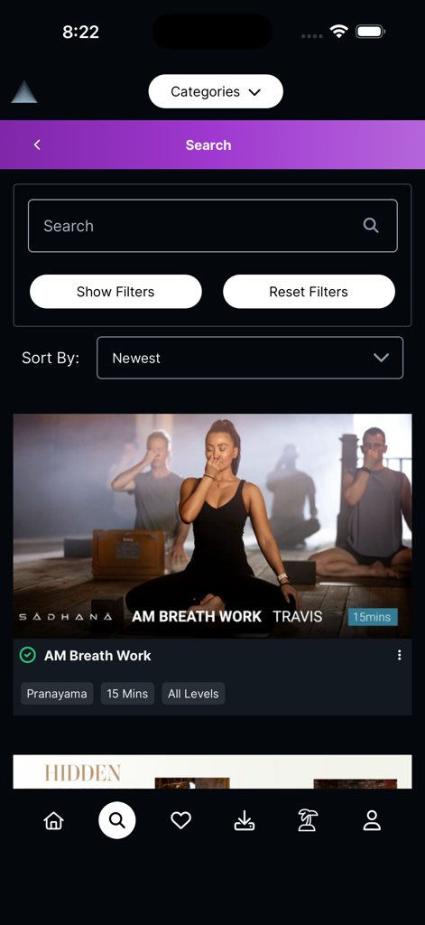 Inner Dimension - Inner Dimension app search interface showing filters and a pranayama breath work class by Travis Eliot.