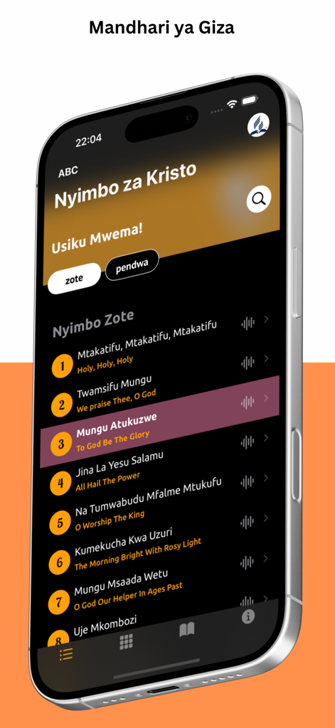 Nyimbo Za Kristo - Interfaz de la aplicación Nyimbo Za Kristo que muestra una lista de himnos en suajili e inglés en modo oscuro en un iPhone