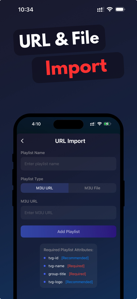 Smarters IPTV Pro App-Oberfläche zum Importieren von M3U-Playlists über URL oder Datei