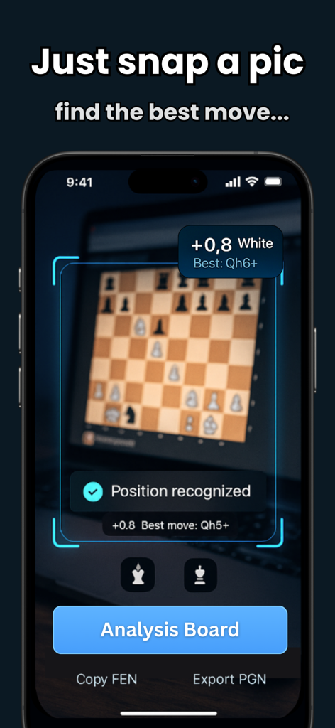 Checkmate - Chess Engine AI - Smartphone scanning a chess board to find the best move with Checkmate AI.