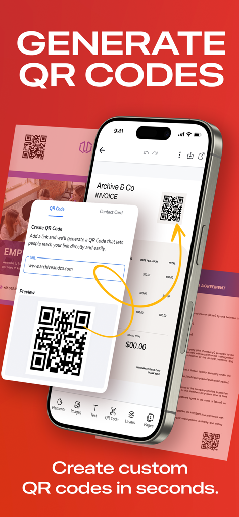 PDFドキュメントのカスタムQRコード作成を示すモバイルインターフェース