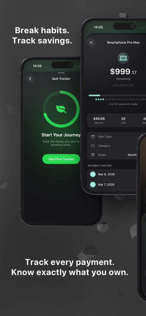 Control - your money - Two iPhone screens showing habit tracking to save money and installment payment management within the Control app.