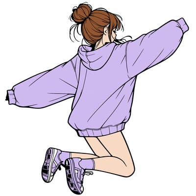 realistic girl jumping with a bun and oversized sweatshirt
