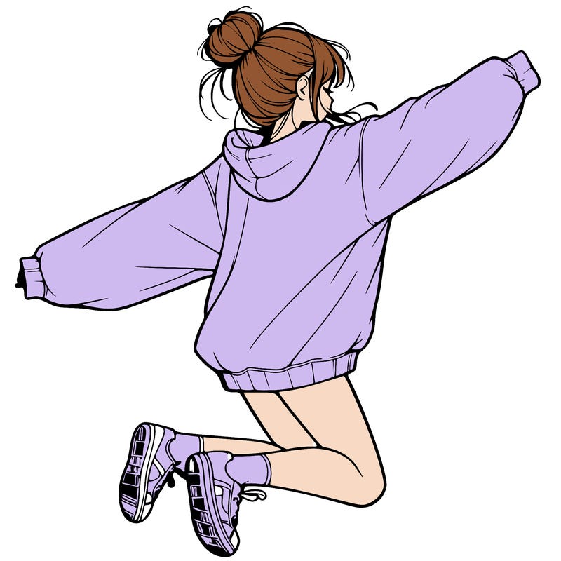 realistic girl jumping with a bun and oversized sweatshirt