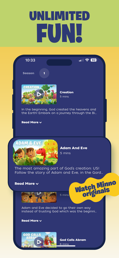 Interface of the Minno app showing a collection of animated Bible story videos for children including Creation and Adam and Eve.