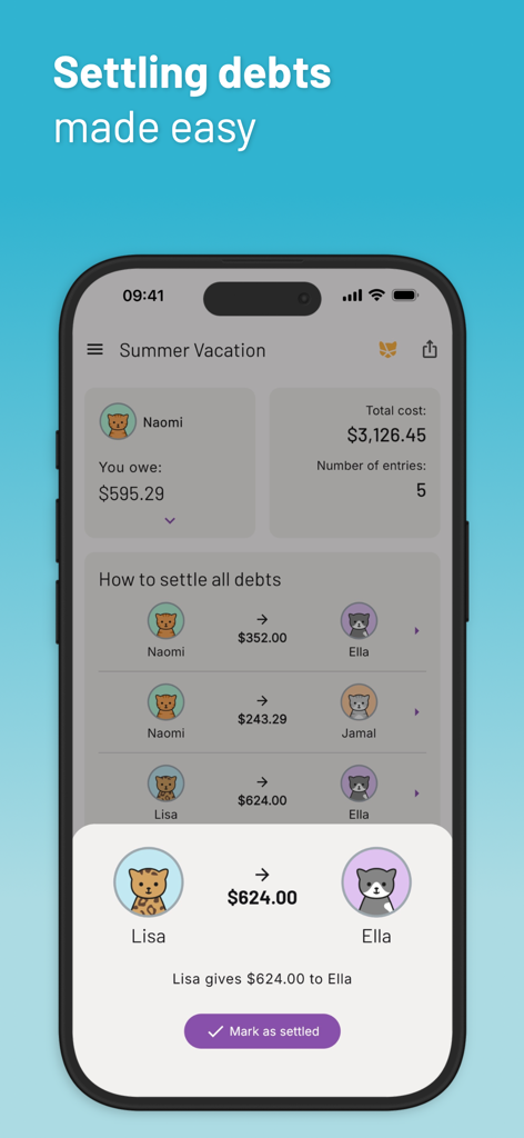 Kittysplit: Split Group Costs - Kittysplit app interface showing a simplified list of how to settle shared group expenses for a summer vacation