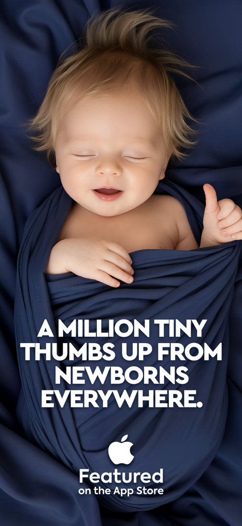 Un neonato sorridente che dorme serenamente in una fascia blu con un badge in evidenza sull'app store