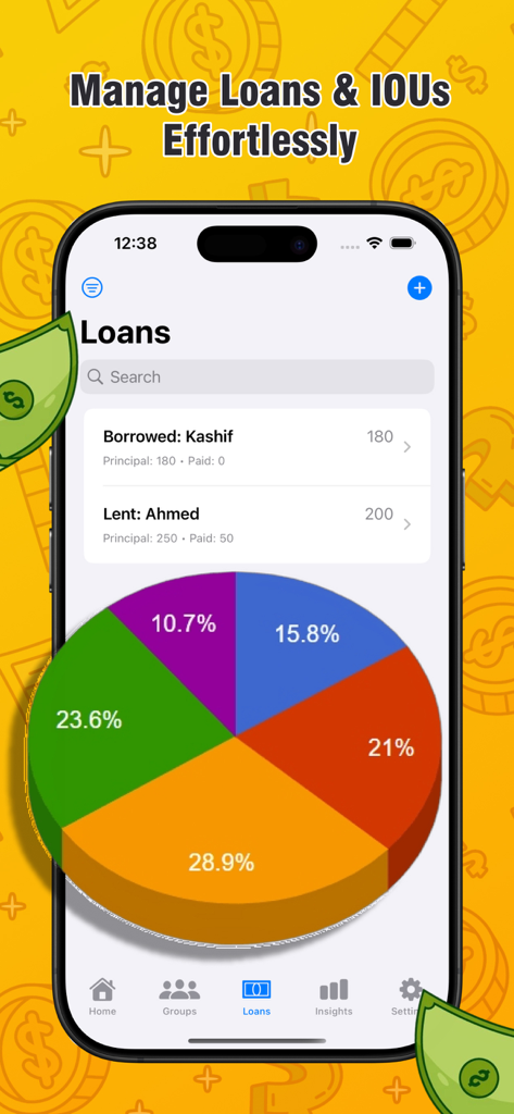 Money Control Budget - Money Control Budget app screen displaying a list of borrowed and lent money with a colorful pie chart visualization