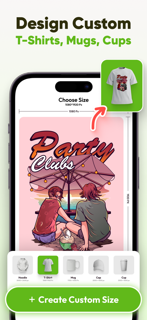 T-Shirt Designer & Printer - カスタムアパレルをデザインし、Tシャツやマグカップの印刷サイズを選択するためのモバイルアプリインターフェース
