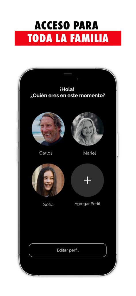 HANU Fit - HANU Fit mobile app screen showing multi-user family profiles in Spanish