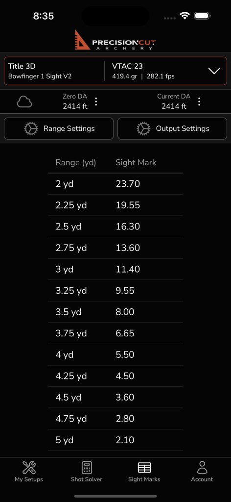 Precision Cut Archery - Precision Cut Archery app interface displaying a technical table of short range sight marks for bowhunters and competitive archers